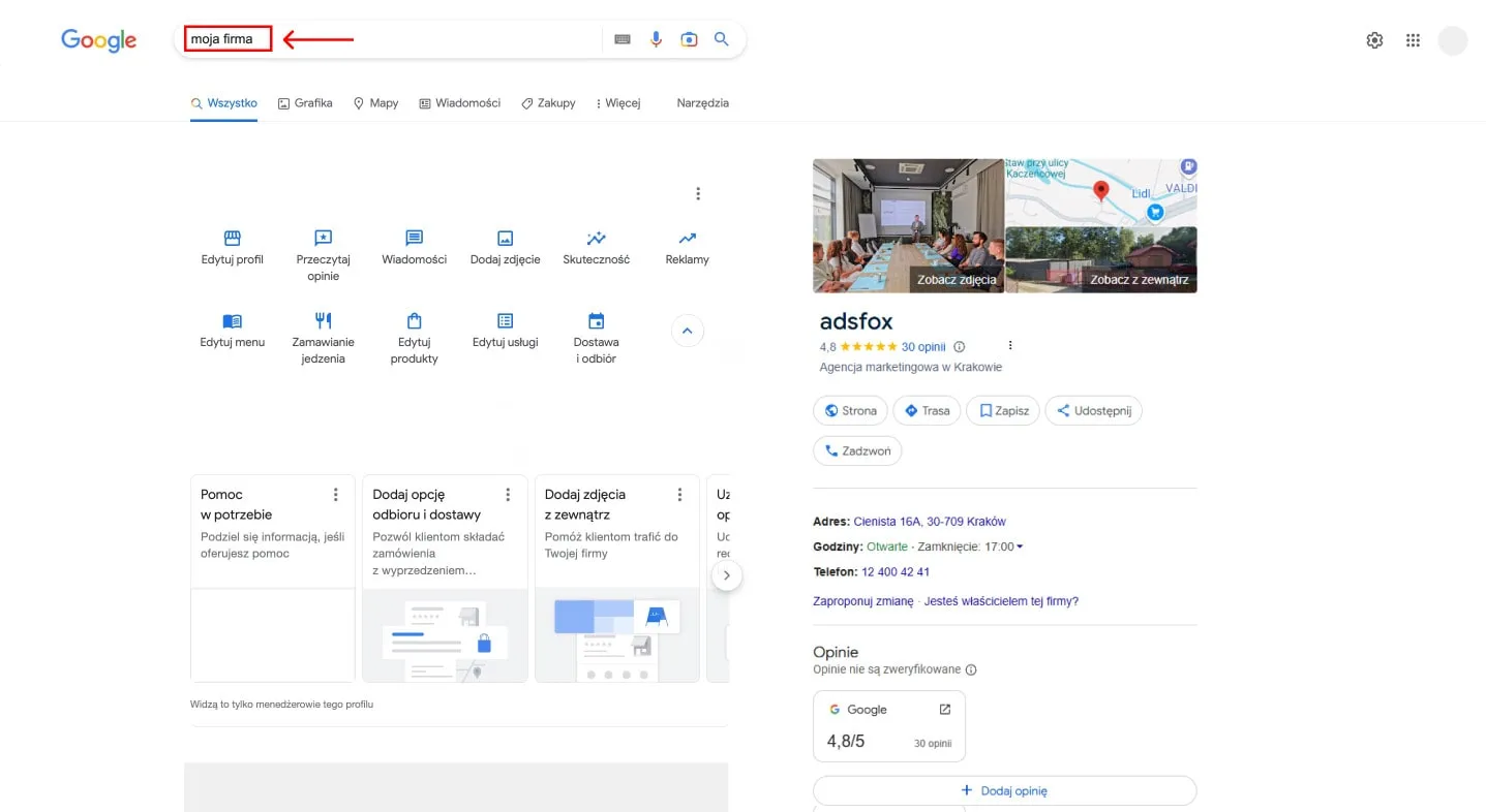 Screenshot: signing in to Google and searching for the Business Profile