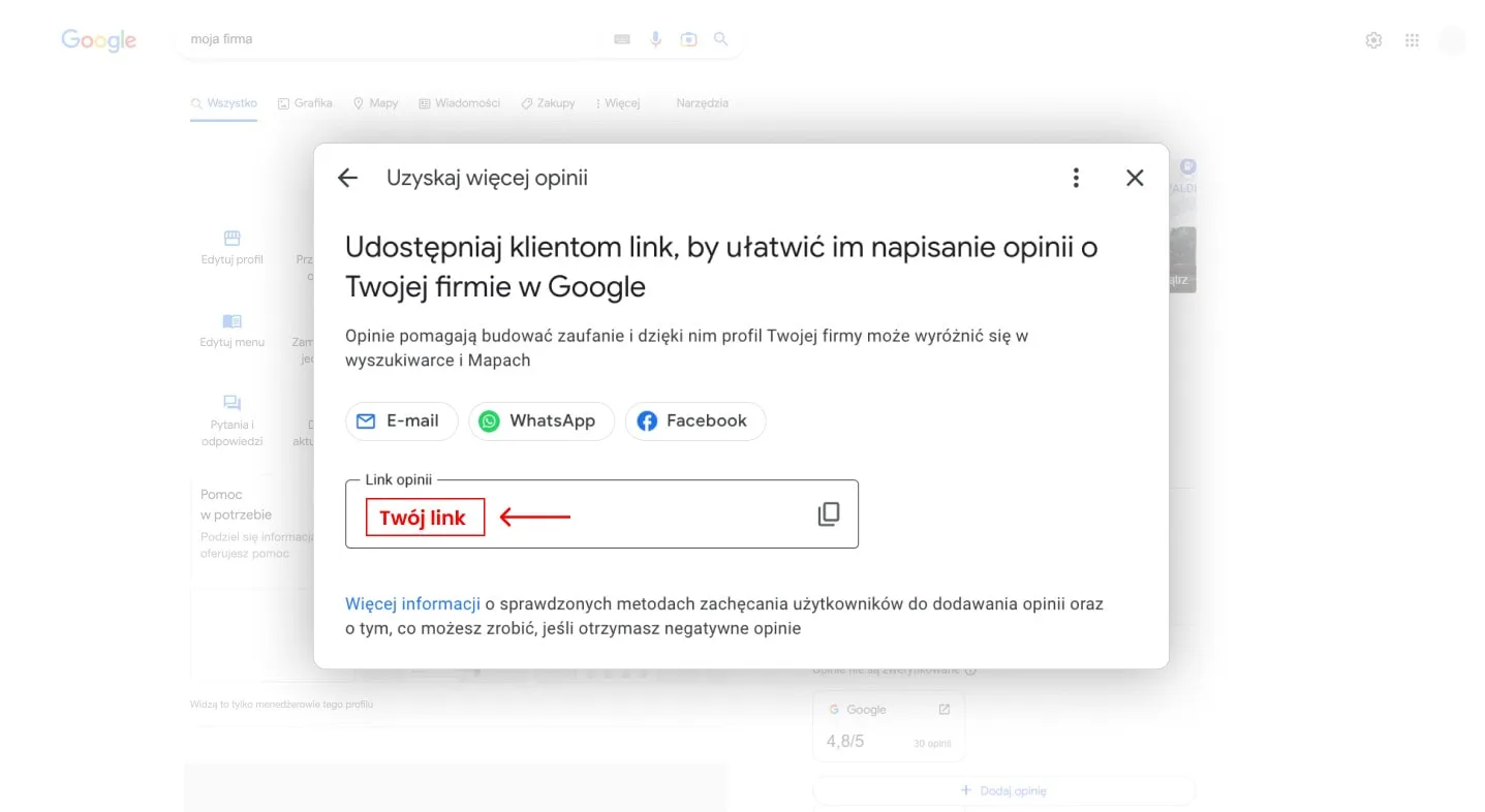 Screenshot: copying the Google review link