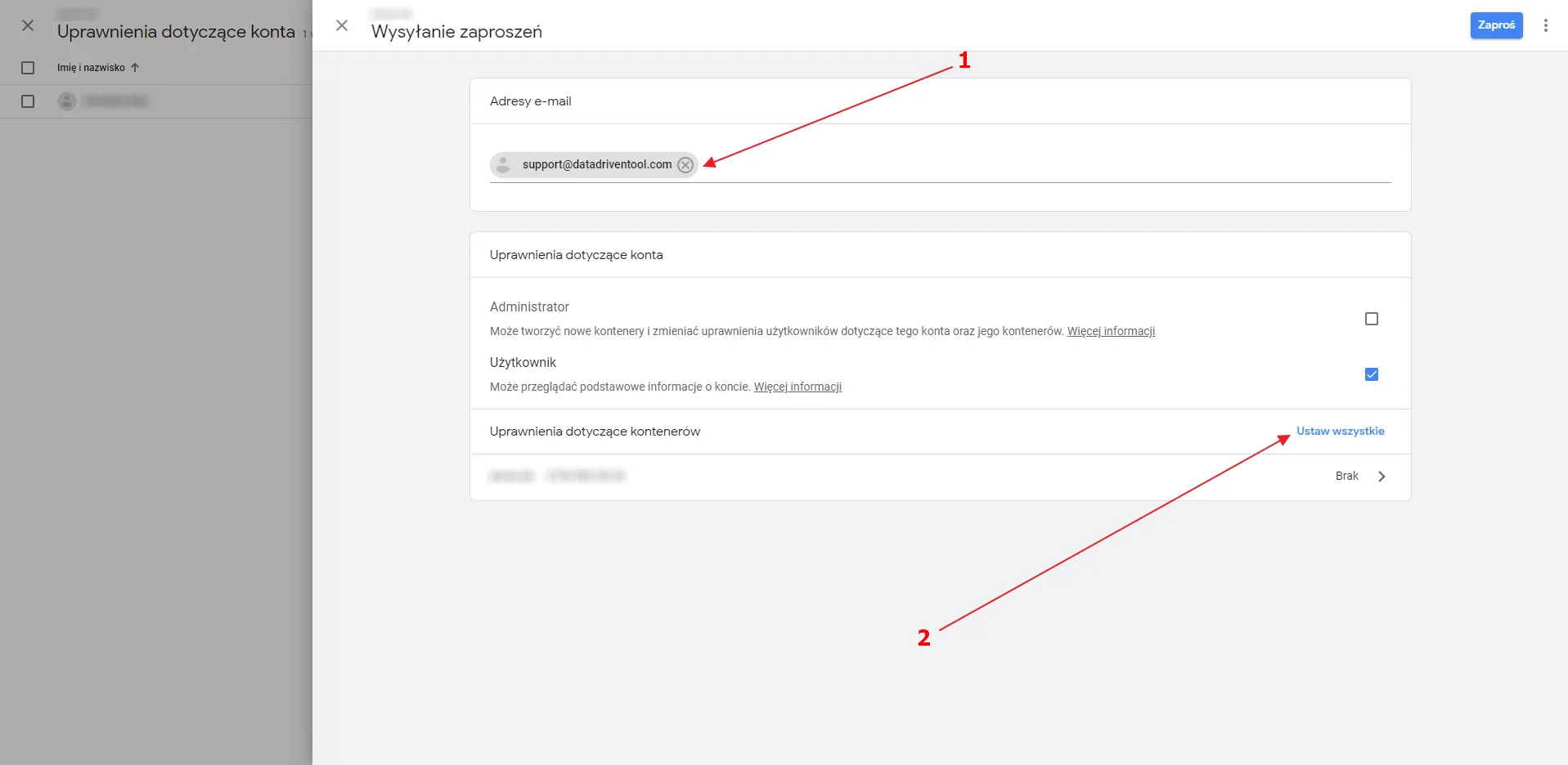Google Tag Manager: entering the email address and setting container permissions