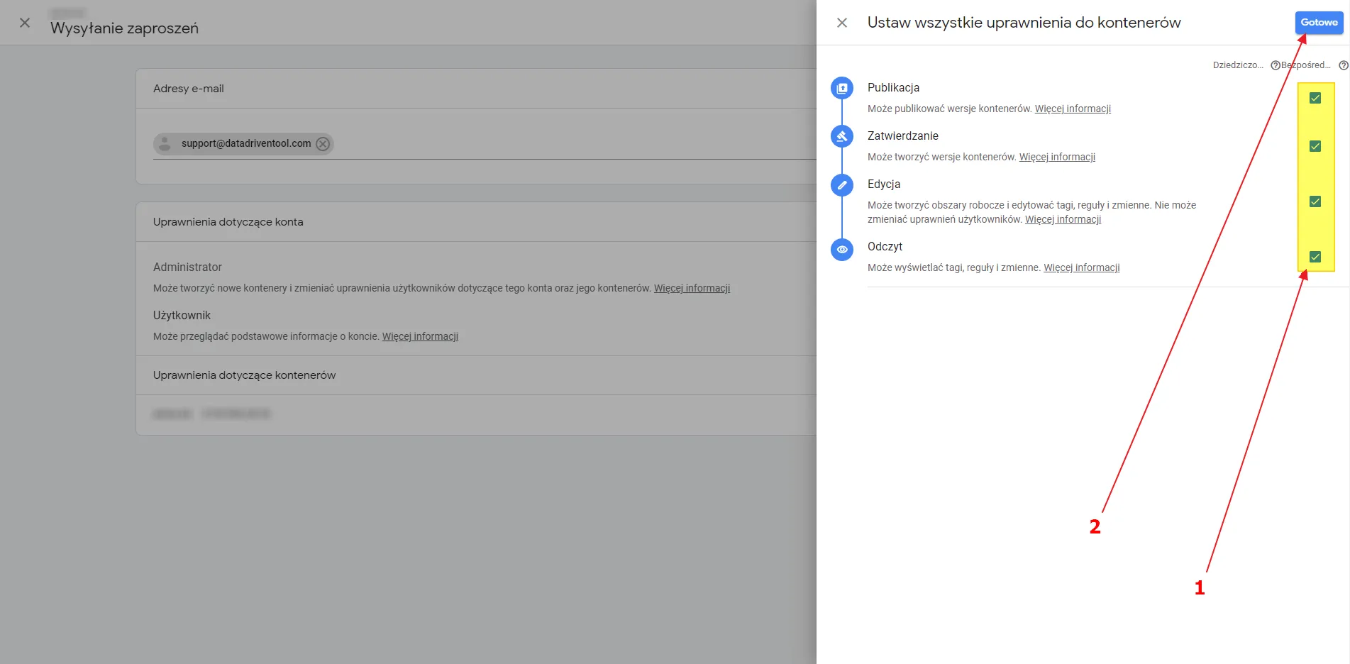 Google Tag Manager: container permissions with all options checked