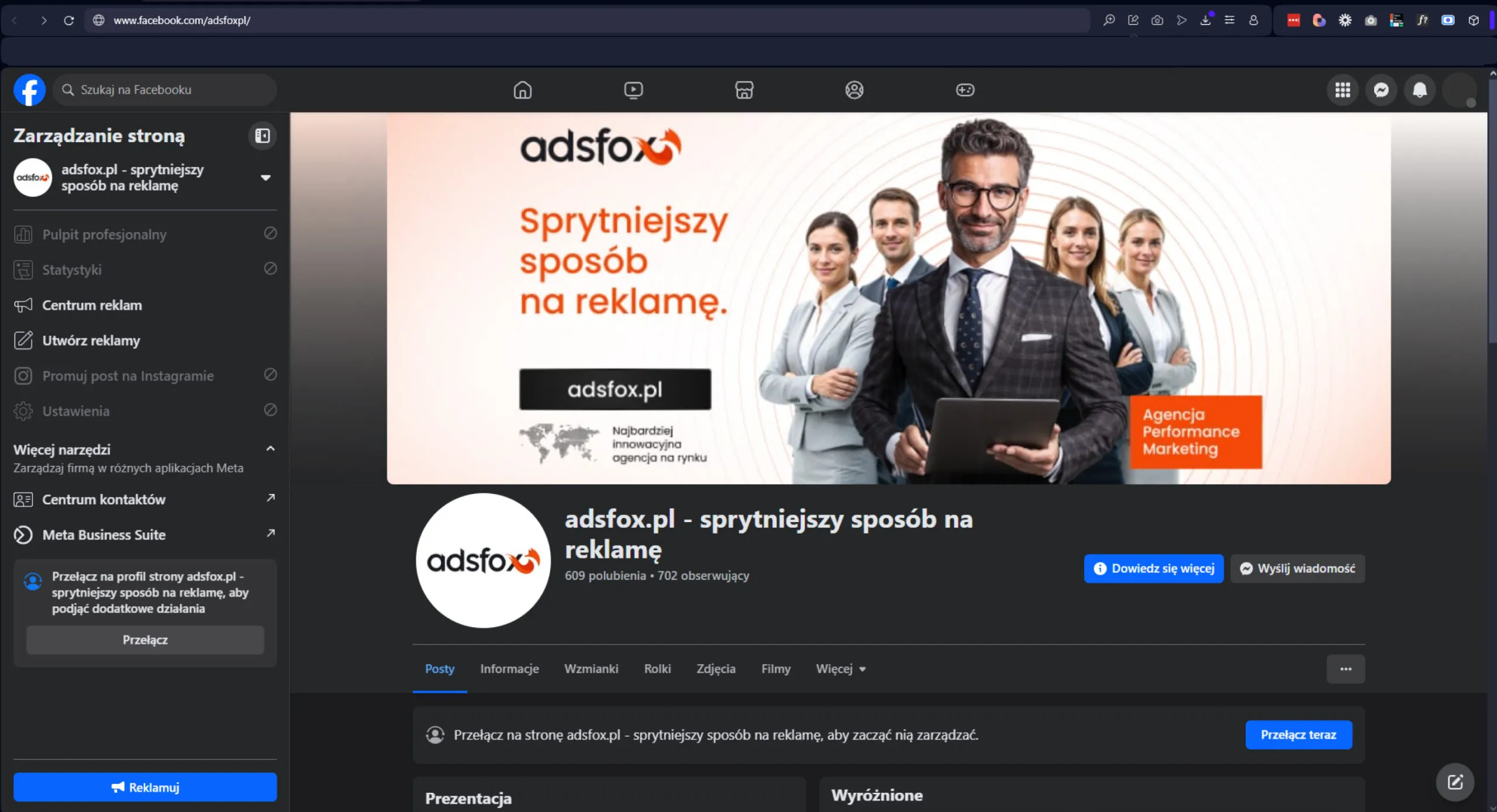Screenshot: opening the business Page on Facebook