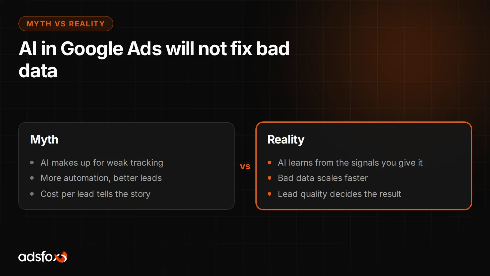 Slide showing that AI in Google Ads will not fix bad data