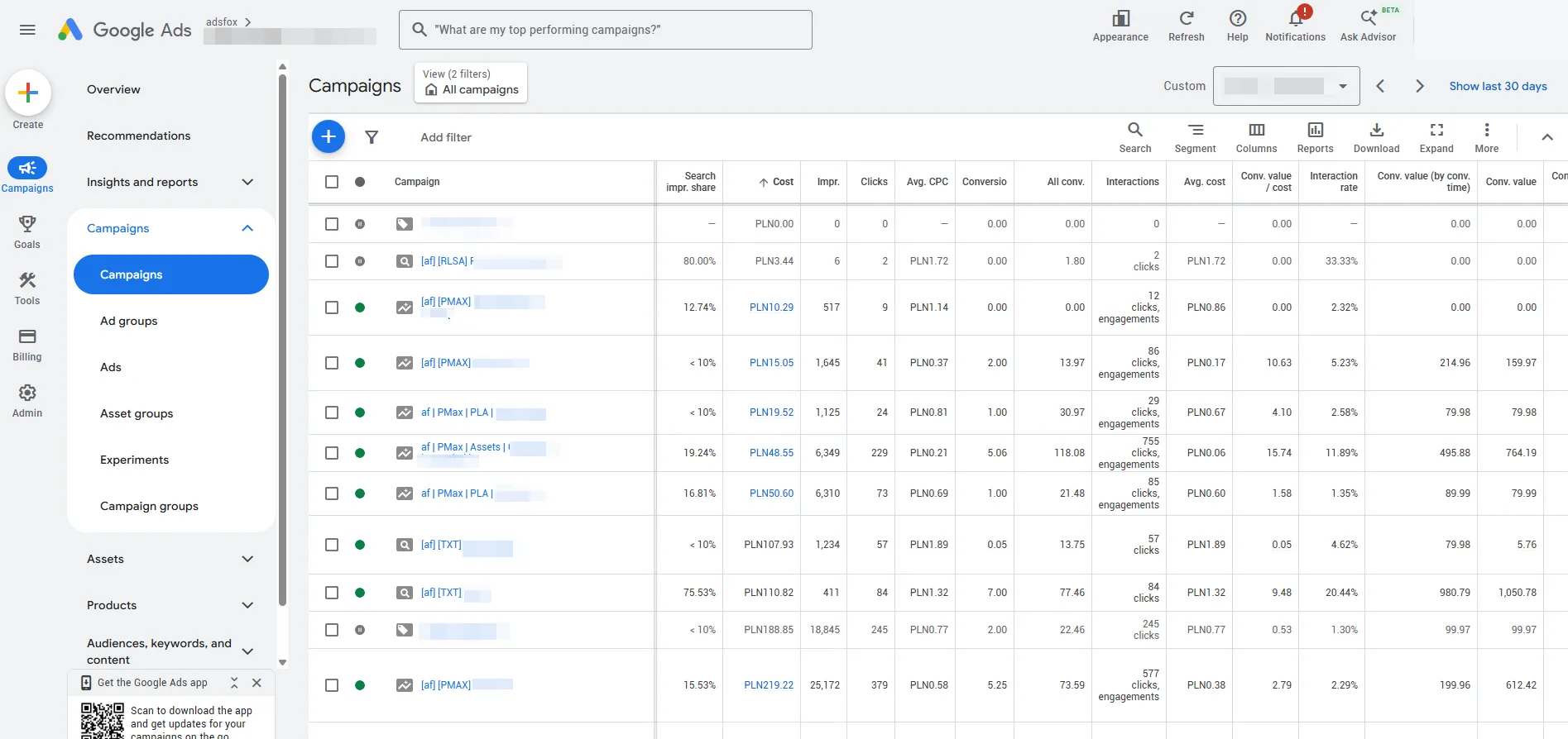 Original Google Ads screenshot from the earlier period showing the jewelry store's campaign structure