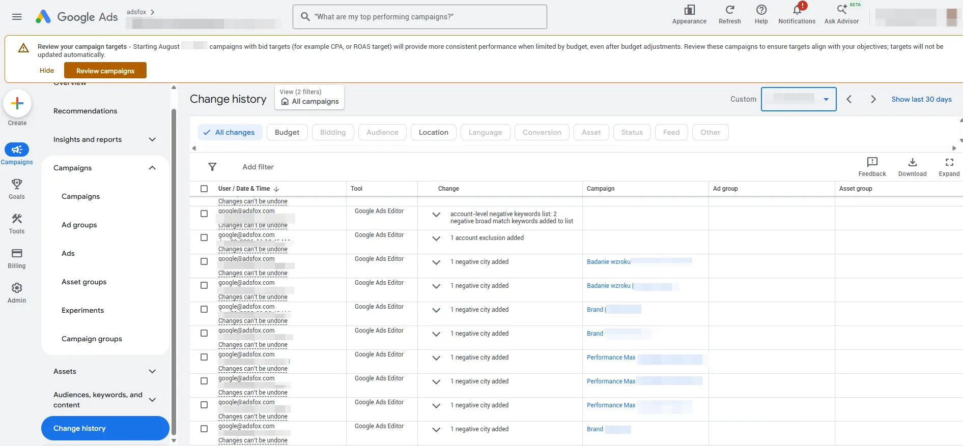 Original Google Ads change history screenshot showing a negative keyword list and location exclusions being added
