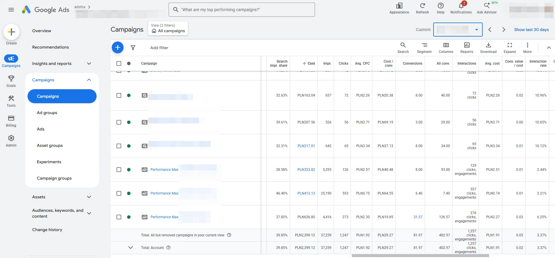 Original Google Ads campaign table screenshot with results for individual campaigns