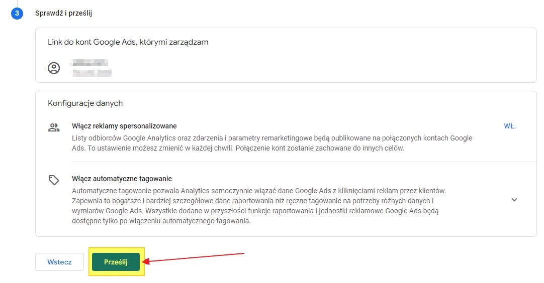 Linking Google Ads to GA4: review and submit