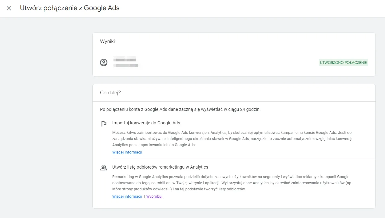 Linking Google Ads to GA4: link created