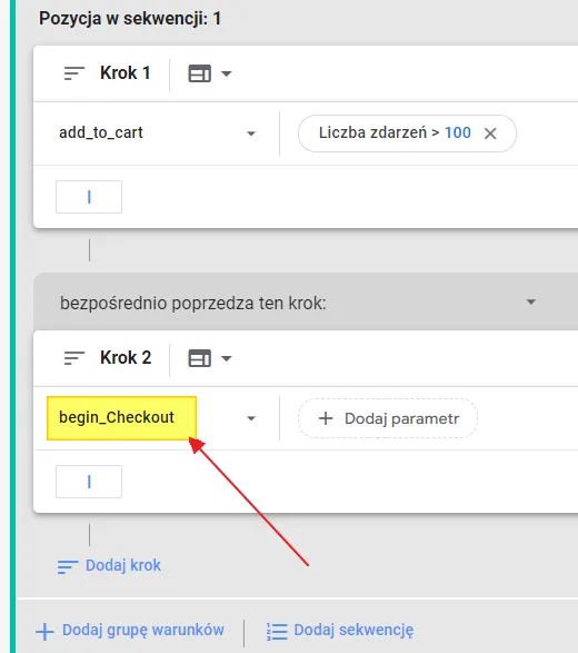 Creating a remarketing audience in GA4: begin_checkout in step 2