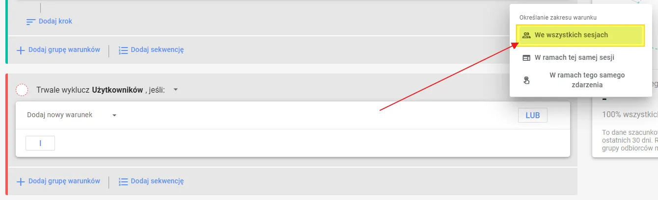 Creating a remarketing audience in GA4: exclusion scope across all sessions