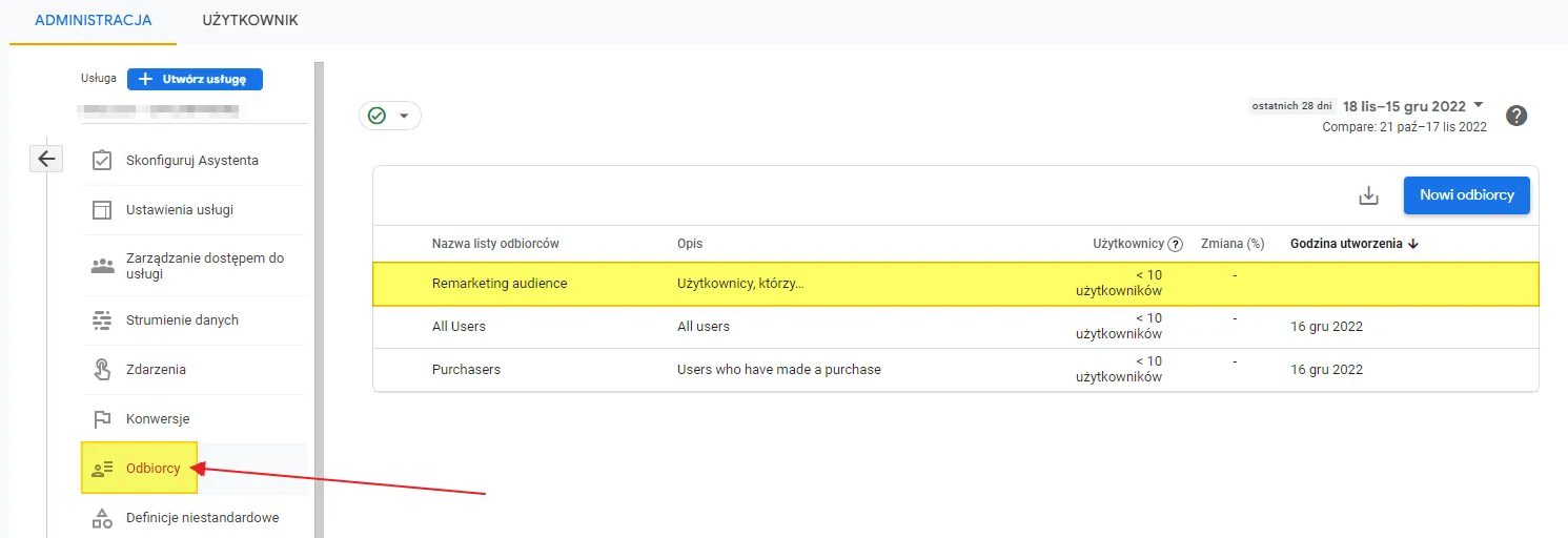 Creating a remarketing audience in GA4: audience in the list