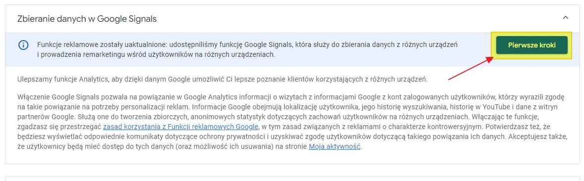Google Signals in GA4: Get started button