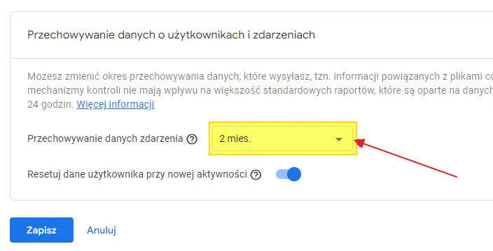 Screenshot 3: extending data retention in GA4, event data retention dropdown