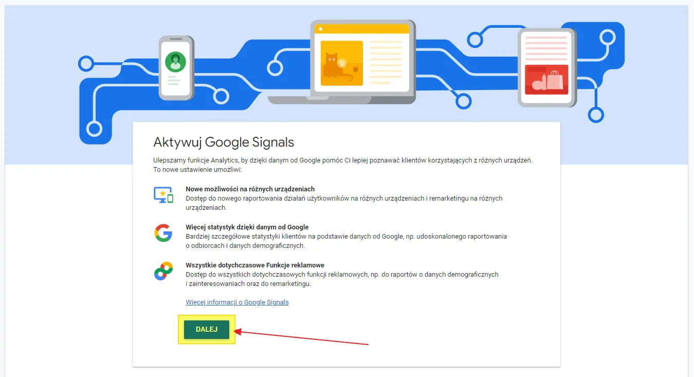 Google Signals in GA4: Continue button