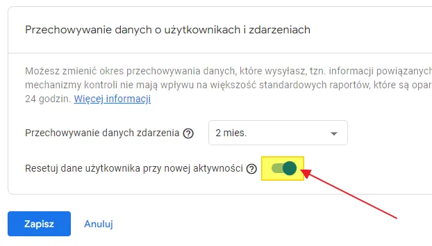 Screenshot 4: extending data retention in GA4, reset user data on new activity