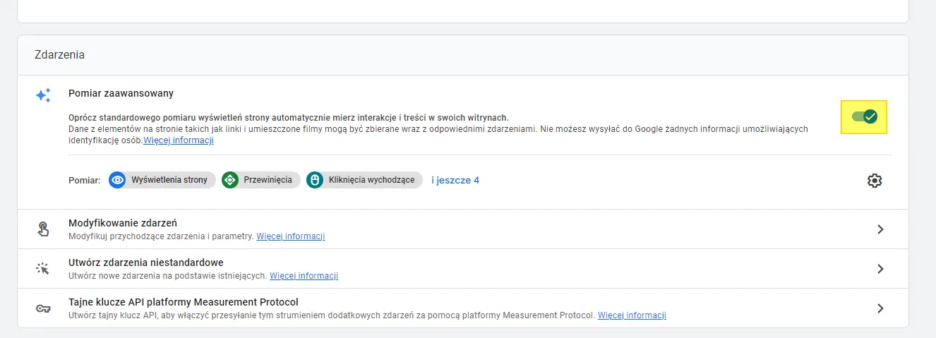 Screenshot 4: checking enhanced measurement in GA4, the toggle