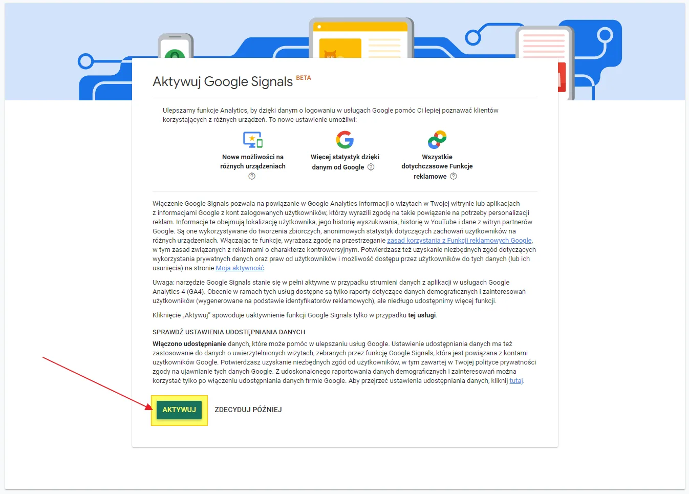 Google Signals in GA4: Activate button