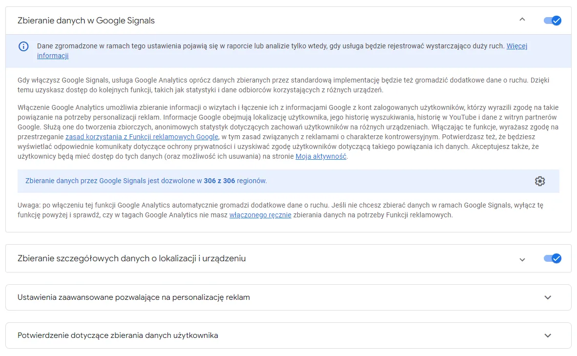 Google Signals in GA4: data collection enabled
