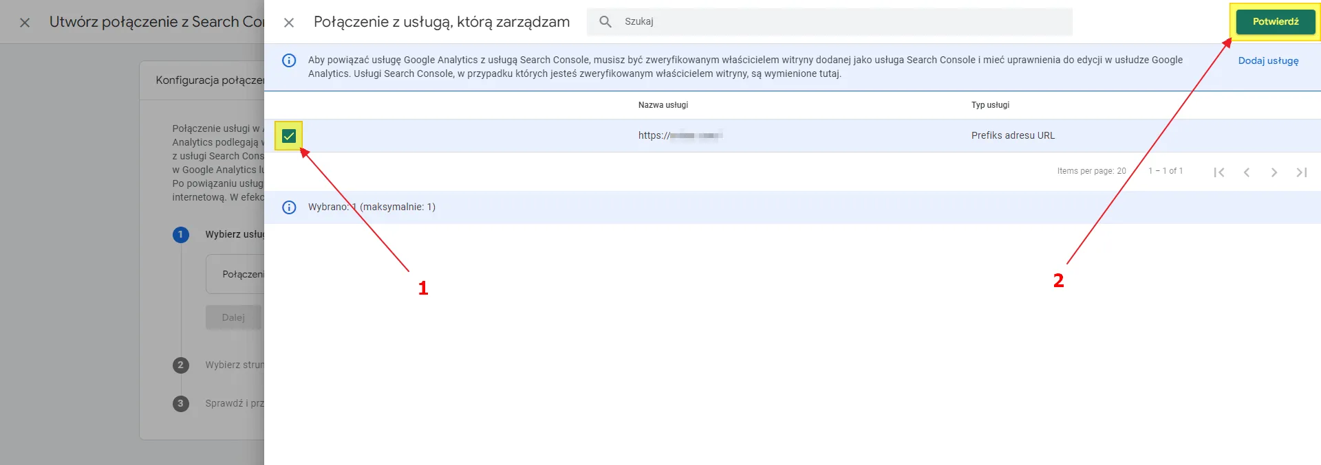Linking Search Console to GA4: selecting the Search Console property