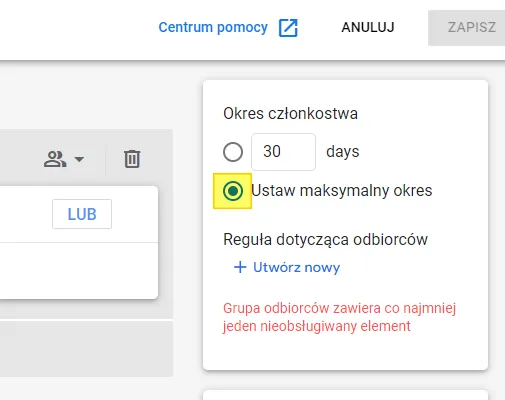 Creating a remarketing audience in GA4: set to maximum limit