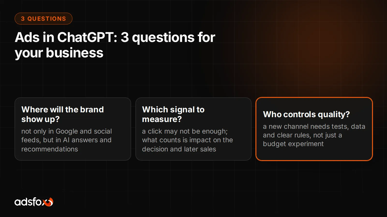 Slide showing three questions for businesses about ads in ChatGPT