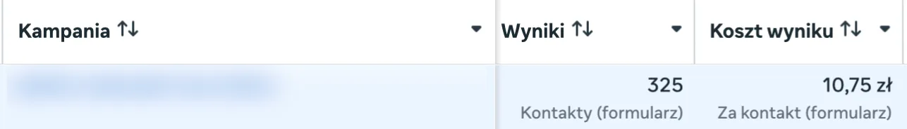 Anonymized Meta Ads screenshot: 325 form leads at 10.75 PLN (about $2.70) per lead