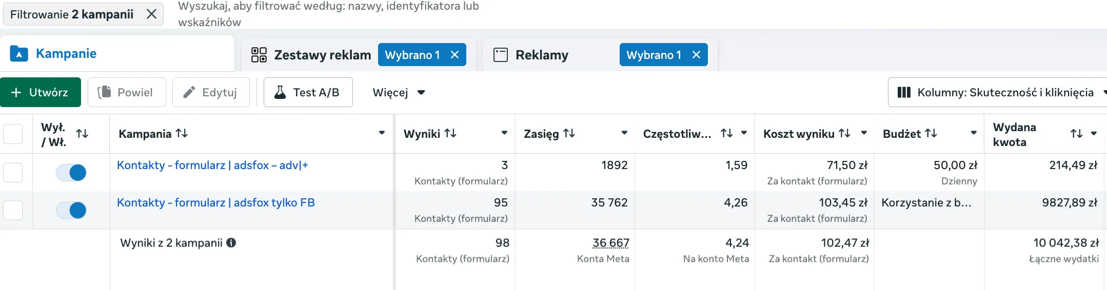 Original Meta Ads dashboard screenshot showing 98 leads at an average cost of 102.47 PLN (about $25.60) per lead