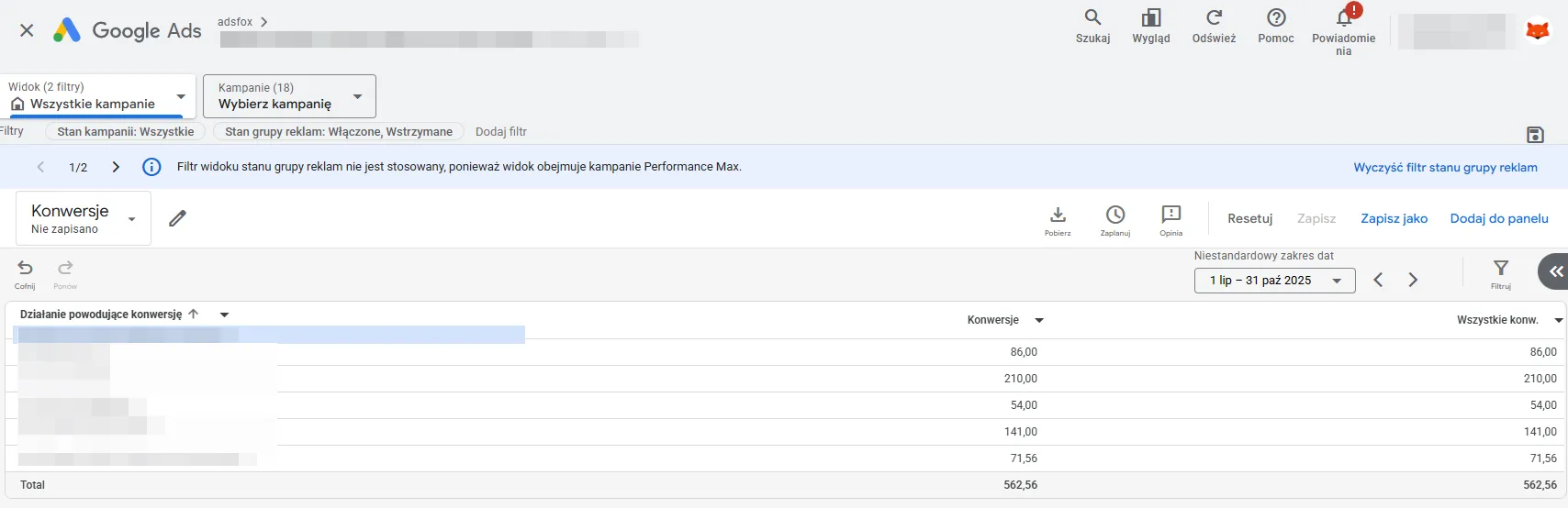 Original Google Ads screenshot with campaign cost in the period comparison