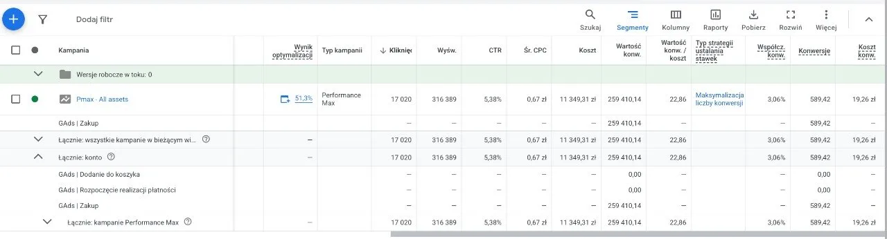 Original Google Ads Performance Max screenshot showing 17,020 clicks, a cost of 11,349.31 PLN (about $2,840), a conversion value of 259,410.14 PLN (about $64,850) and a return of 22.86